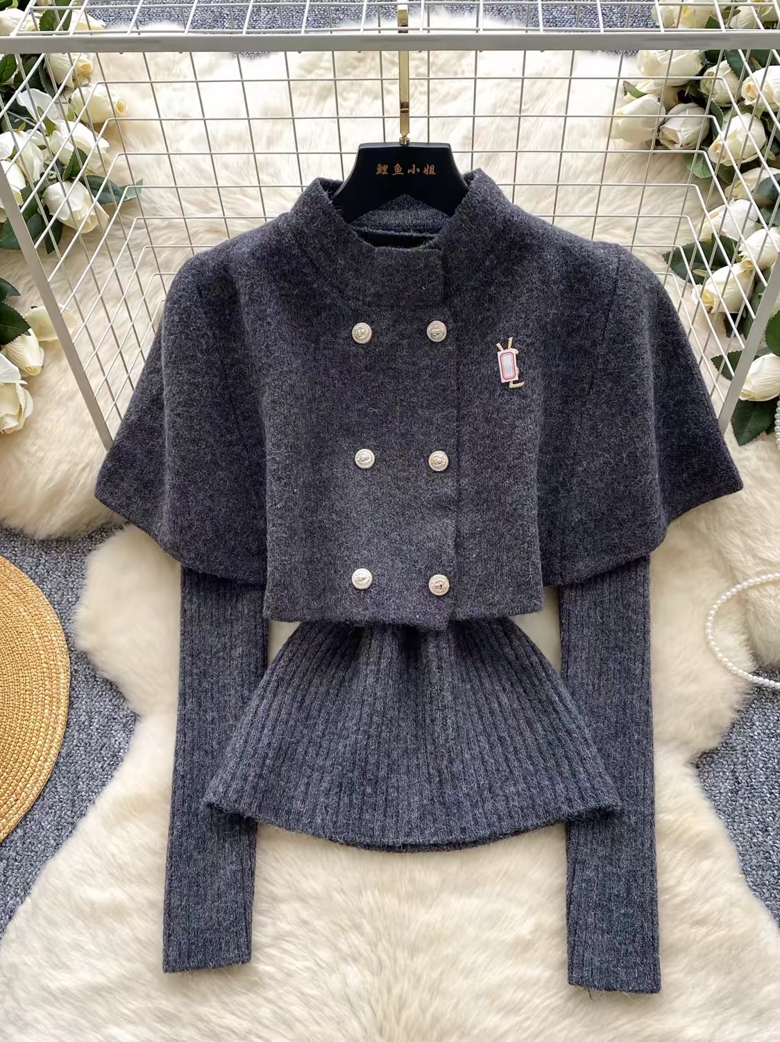 Kall Shopping Kall Shopping Double Breasted Cape Knit Set