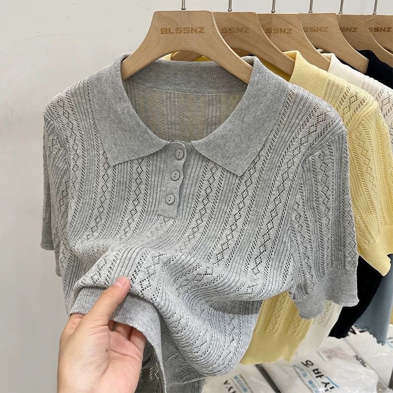 Kall Shopping Kall Shopping Pointelle Knit Polo Top