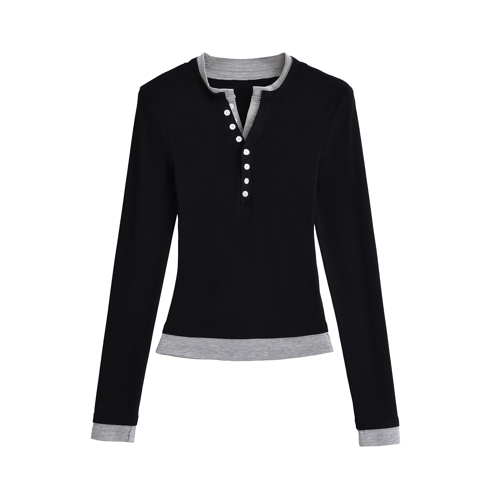 Kall Shopping Kall Shopping Contrast Trim Henley Long Sleeve Top