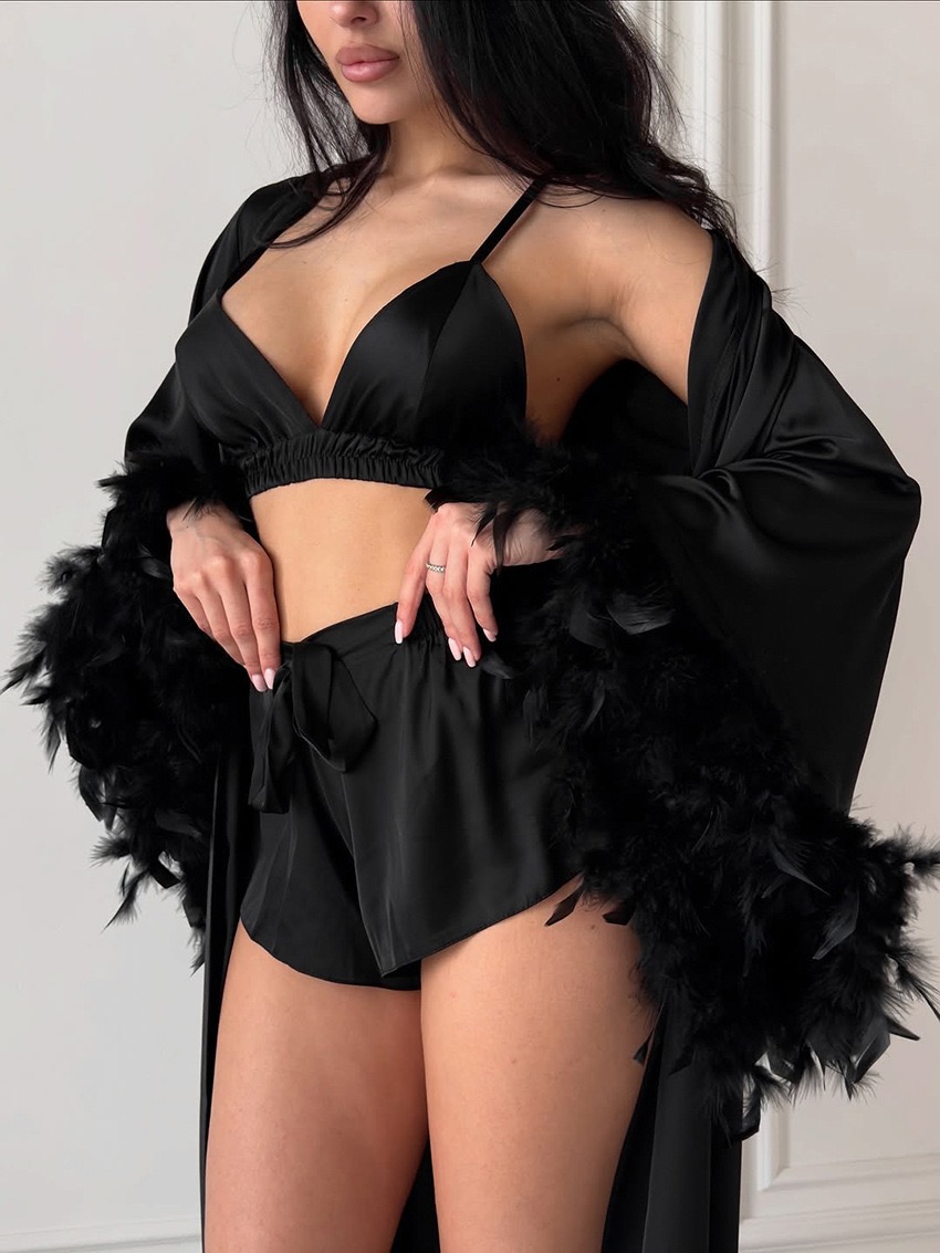 Kall Shopping Kall Shopping Feather Trim Satin Robe Set